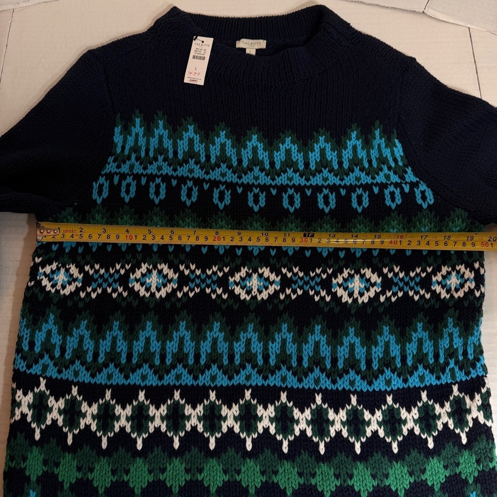 Talbots Women's L Sweater Chamonix Fair Isle preppy chunky knit navy classic NEW - Picture 4 of 16